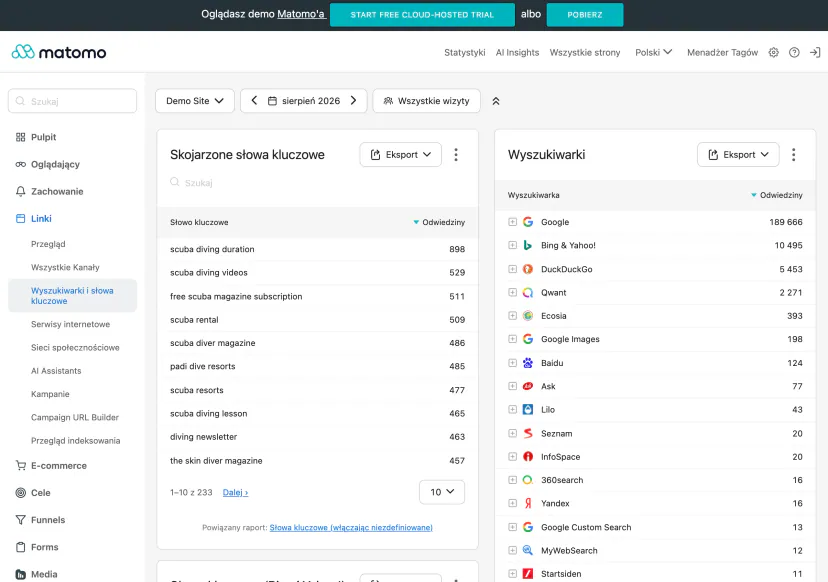 Search engines and keywords report in Matomo: a list of phrases and a table of search engines with the number of visits from each of them