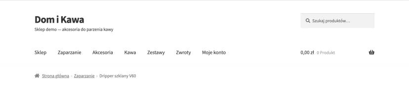 Demo WooCommerce store header with category menu, search, basket and breadcrumbs above a product card