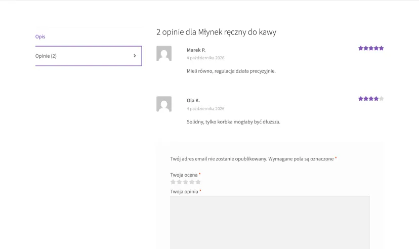Reviews tab on the product page in a WooCommerce demo store with customer ratings and a review form