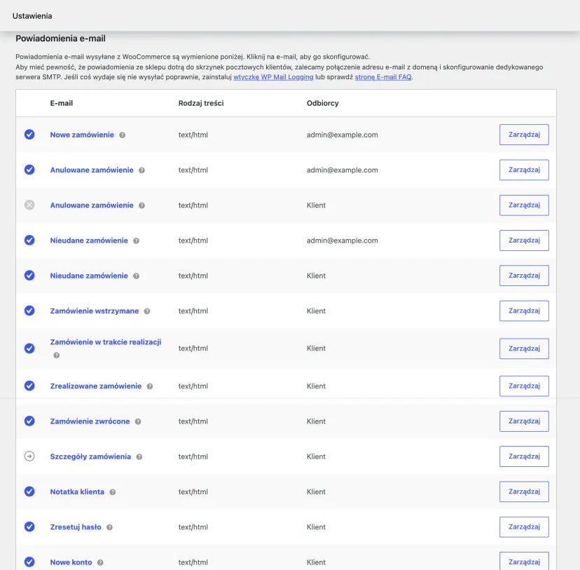 WooCommerce settings in the demo store: list of transactional emails sent to the customer and support