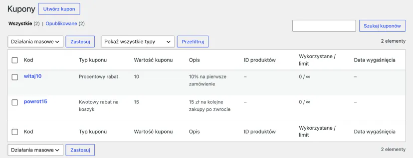 WooCommerce dashboard in the demo store: a list of discount coupons with type, amount and usage limit