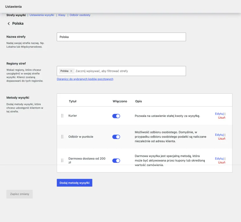 WooCommerce settings in the demo store: the “Poland” shipping zone with three delivery methods