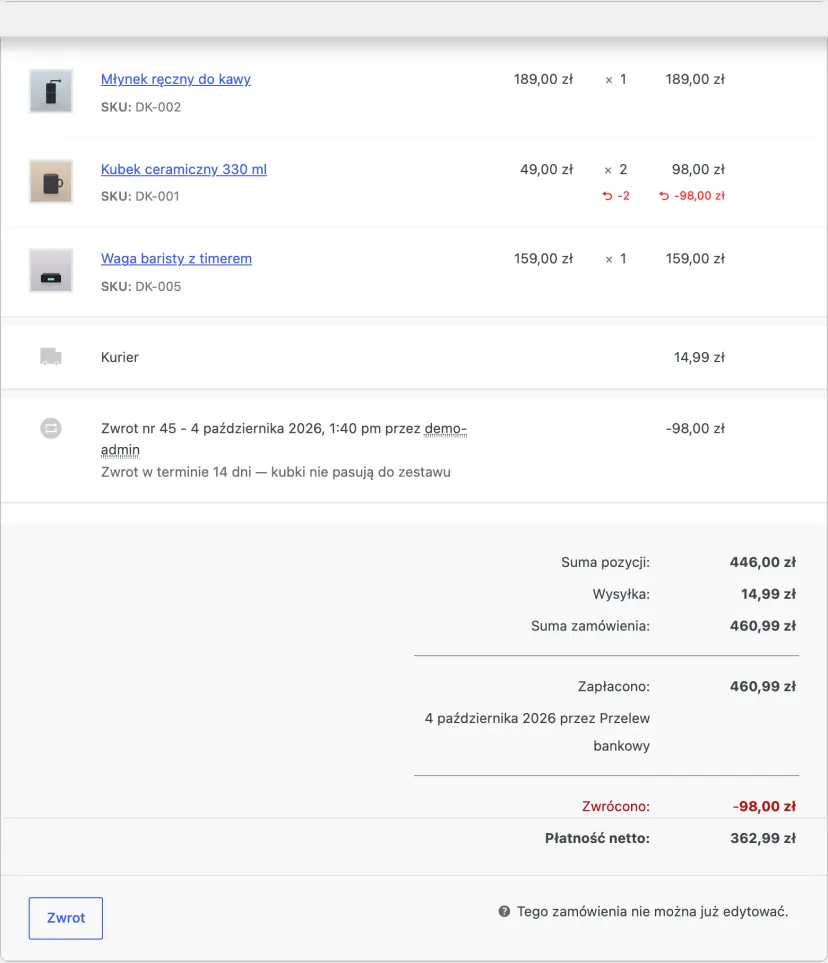 WooCommerce panel in a demo store: order line items with a partial refund applied and an amount summary