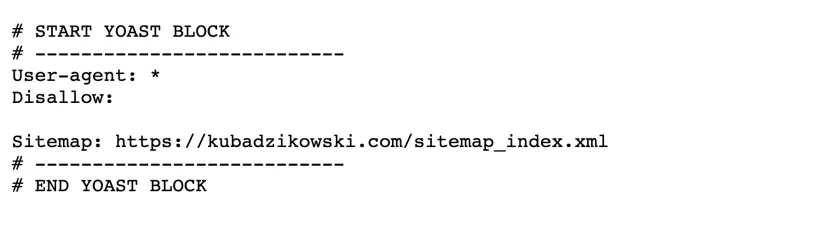 Contents of the robots.txt file: a User-agent rule with an asterisk, an empty Disallow directive and a Sitemap line with the sitemap index address