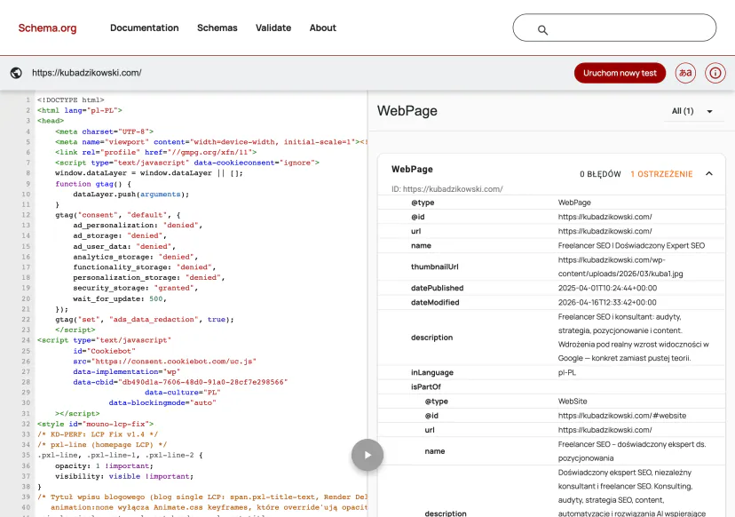 Schema Markup Validator: HTML code on the left, detected WebPage type on the right with a list of properties and the number of errors and warnings