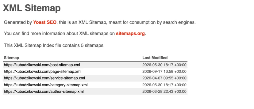 Sitemap index in the browser: a table with five XML sitemaps for posts, pages, services, categories and authors together with modification dates