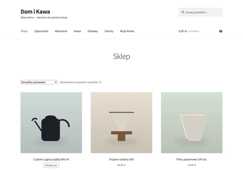 WooCommerce demo shop homepage with category menu, search bar and product grid