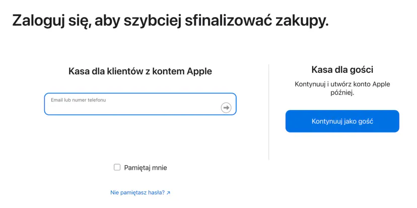 Ekran przed finalizacją zakupu w sklepie Apple: logowanie dla klientów z kontem po lewej i „Kasa dla gości” z przyciskiem „Kontynuuj jako gość” po prawej