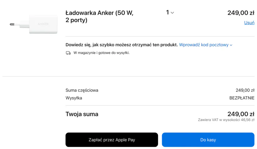 Torba w sklepie Apple z jednym produktem: cena, suma częściowa, wysyłka „BEZPŁATNIE”, łączna kwota z informacją o VAT oraz przyciski „Do kasy” i Apple Pay