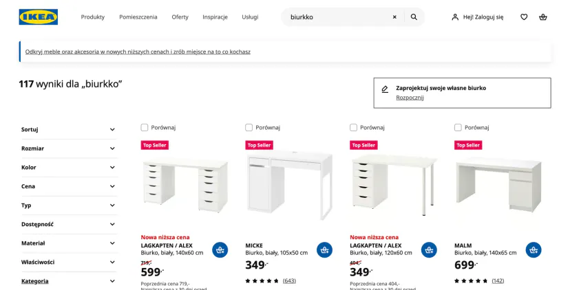 Strona wyników wyszukiwarki IKEA dla zapytania z literówką „biurkko”: 117 biurek, panel filtrów (rozmiar, kolor, cena, typ) i siatka produktów