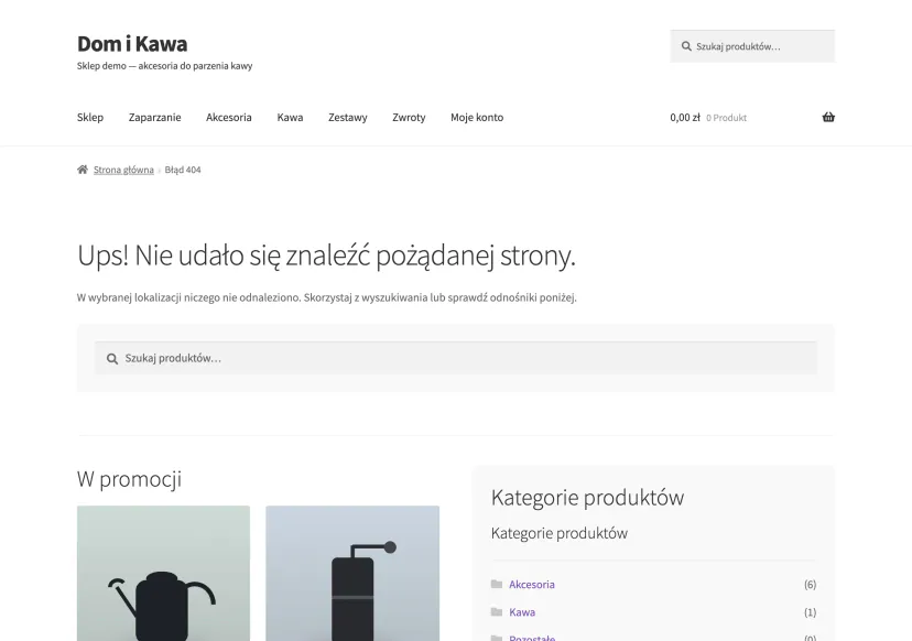 404 page in a WooCommerce demo store with search, categories and featured products