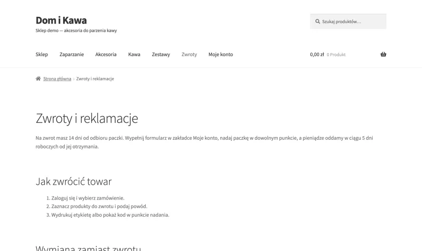 Information page about returns and complaints in the demo WooCommerce store with a list of return steps