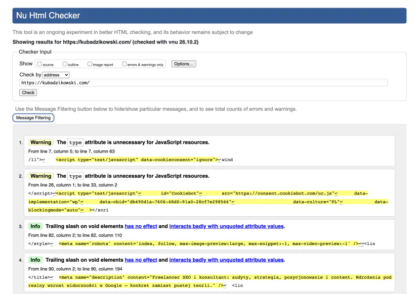W3C Nu Html Checker validator result: a list of warnings and information with highlighted code fragments and line numbers