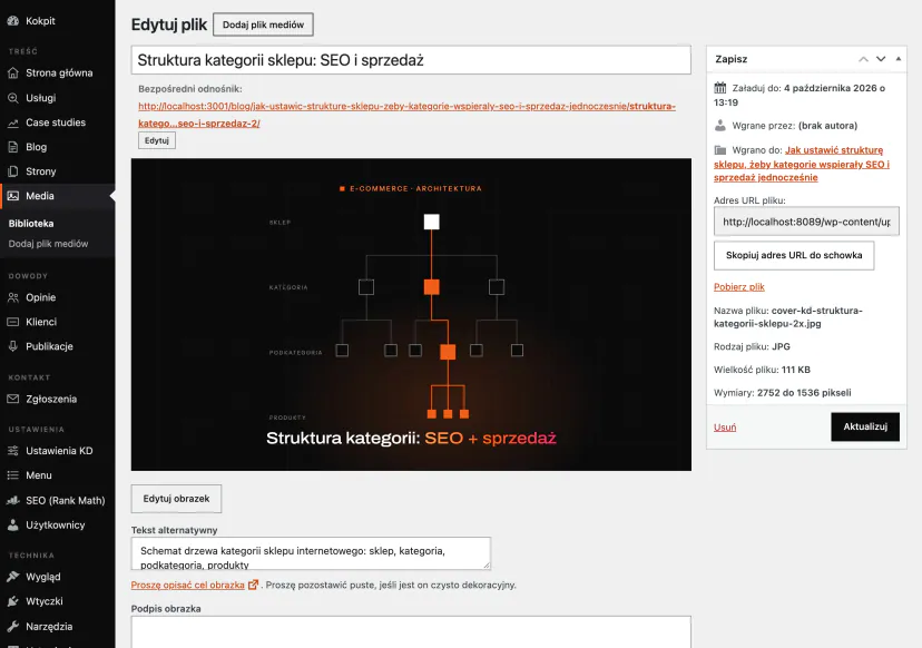 WordPress media library file editing screen: image preview, alt text field, caption and file details on the right