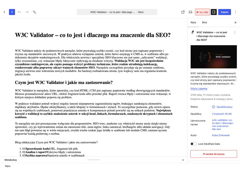 WordPress block editor with a post open: title, paragraphs and headings on the left, post settings panel with cover image on the right