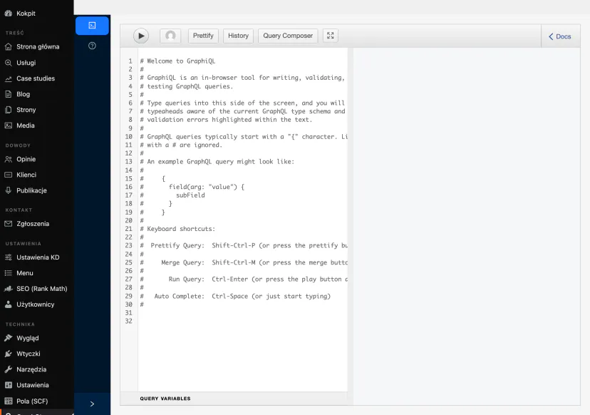 GraphiQL editor in the WordPress admin panel: query field with sample syntax, run buttons and schema documentation panel