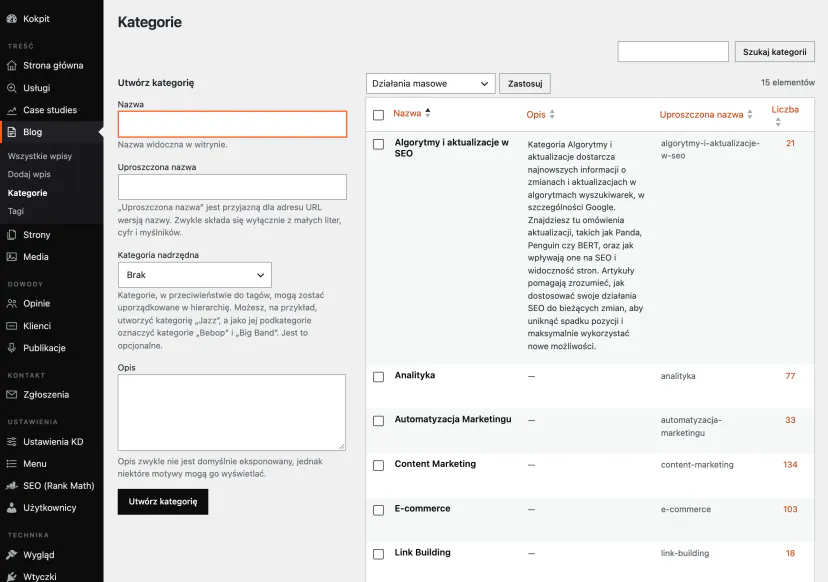 Categories screen in WordPress: category add form and a table of names, descriptions, slugs and post counts