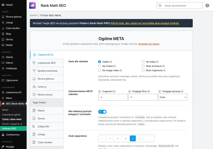 Settings for “Titles and meta” in Rank Math: meta robots selection fields, snippet and preview options, and title separator selection