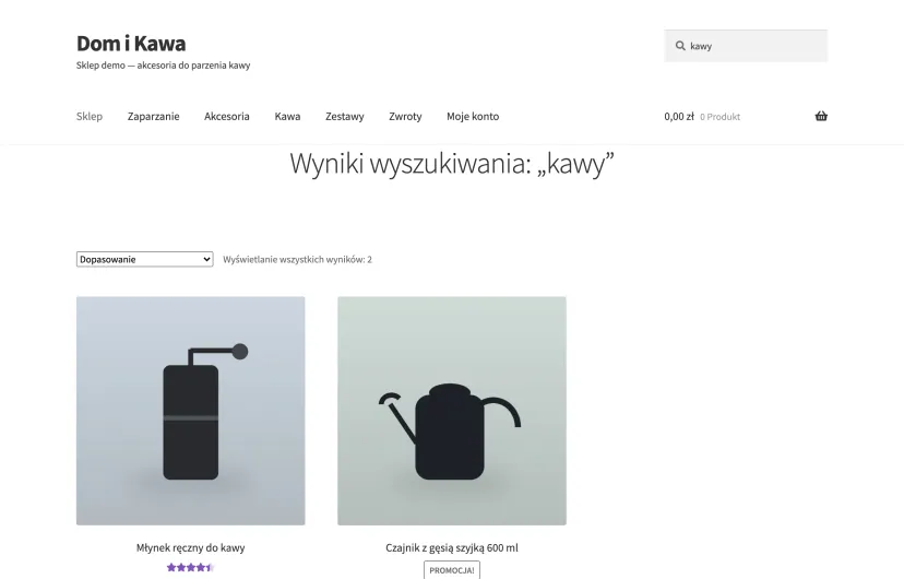 Internal search results in the WooCommerce demo store for the query “kawy”