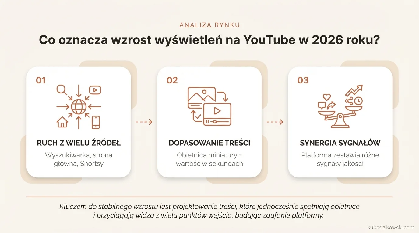 Wzrost wyświetleń YouTube w 2026: więcej wejść z wielu źródeł równocześnie – wyszukiwarki, strony głównej, Shorts, subskrypcji.
