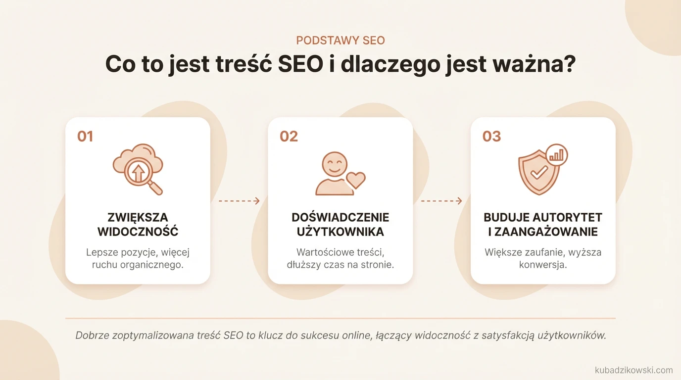 Infografika wyjaśnia, czym jest treść SEO, jej rolę w zwiększaniu ruchu organicznego i jak wpływa na widoczność strony.