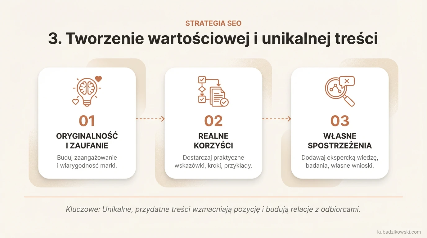 Infografika o tworzeniu wartościowych, unikalnych treści, budujących zaufanie i zaangażowanie dla skutecznego SEO.