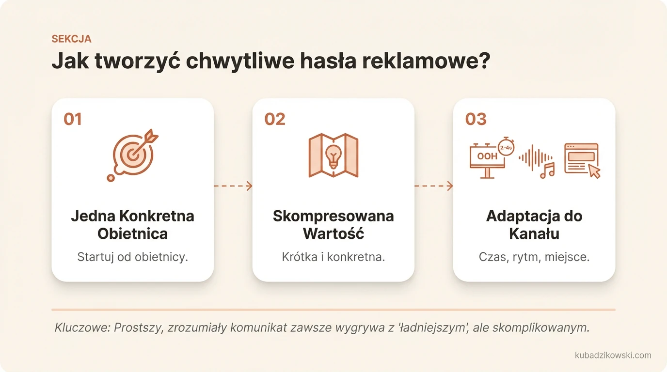 Wizualna instrukcja tworzenia chwytliwych haseł reklamowych, skupiająca się na obietnicy i prostocie przekazu.