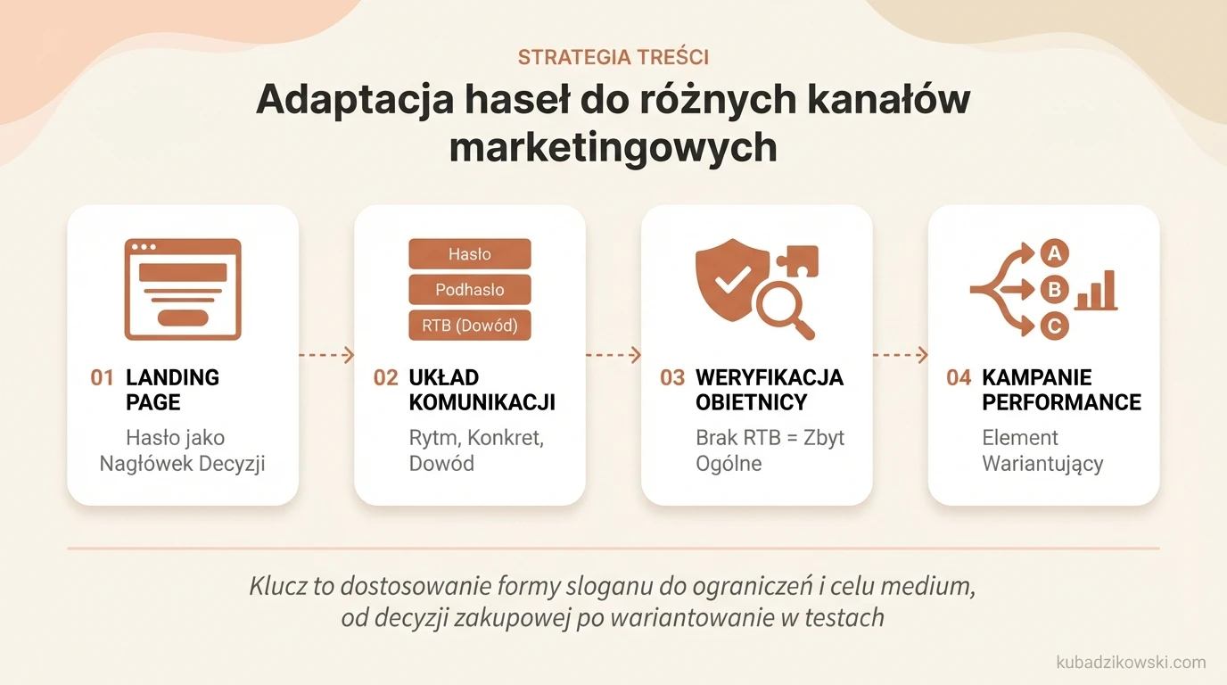 Infografika: Zasady adaptacji haseł marketingowych do specyfiki różnych kanałów komunikacji.