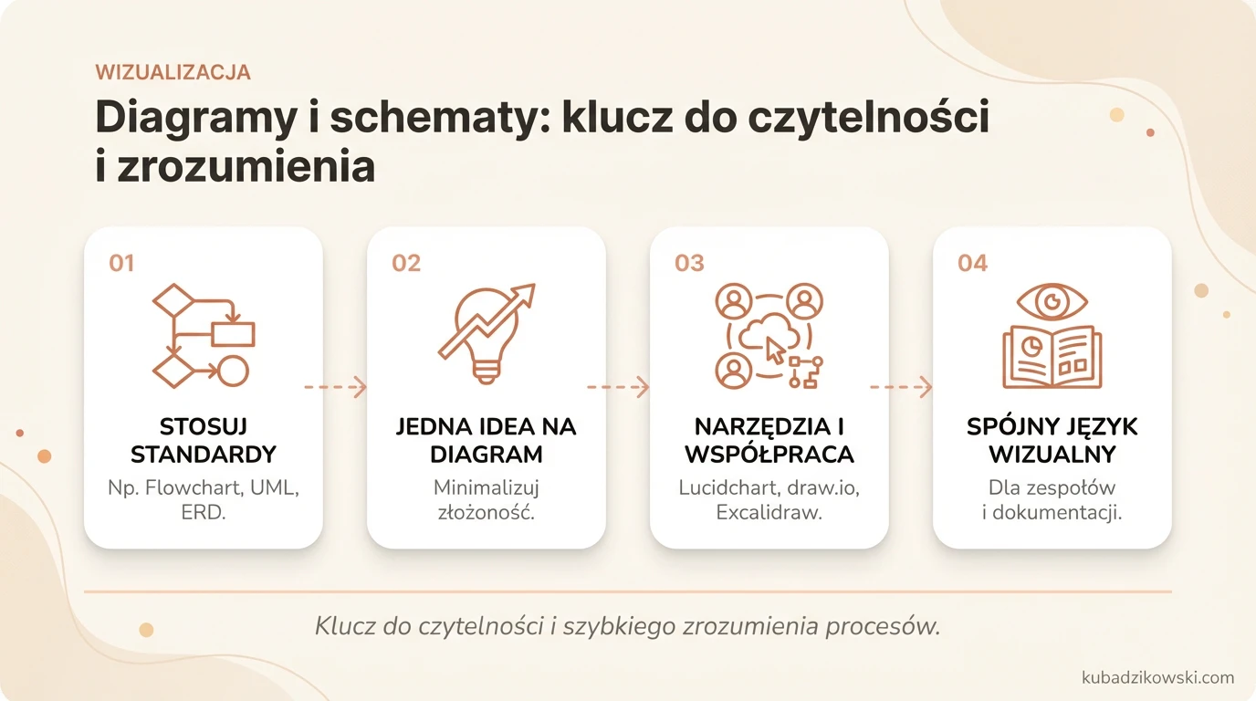 Infografika: Diagramy i schematy poprawiają czytelność, wizualizując procesy, zależności i architekturę.