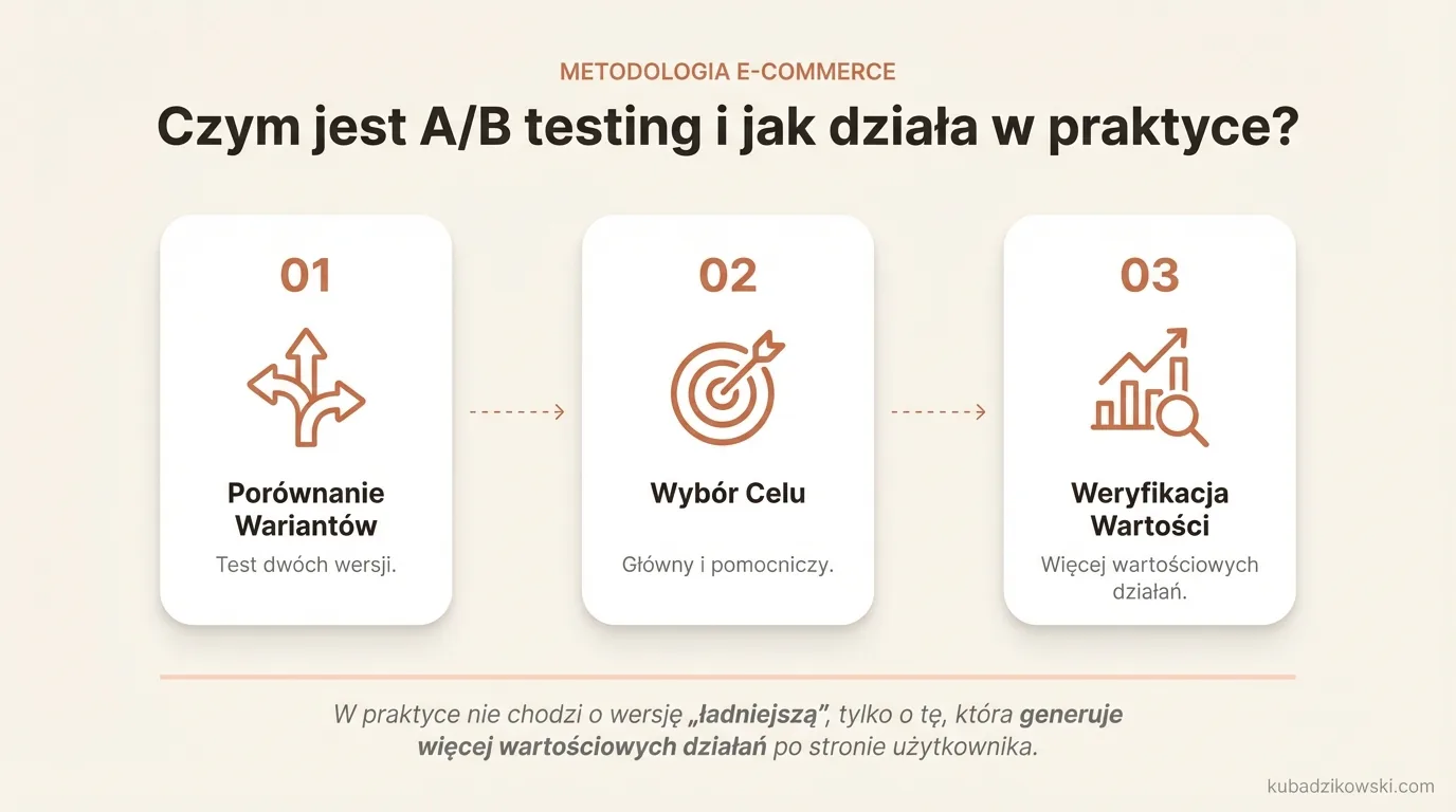 Infografika wyjaśnia A/B testing: kontrolowane porównanie wersji A i B elementu strony w celu poprawy efektywności.