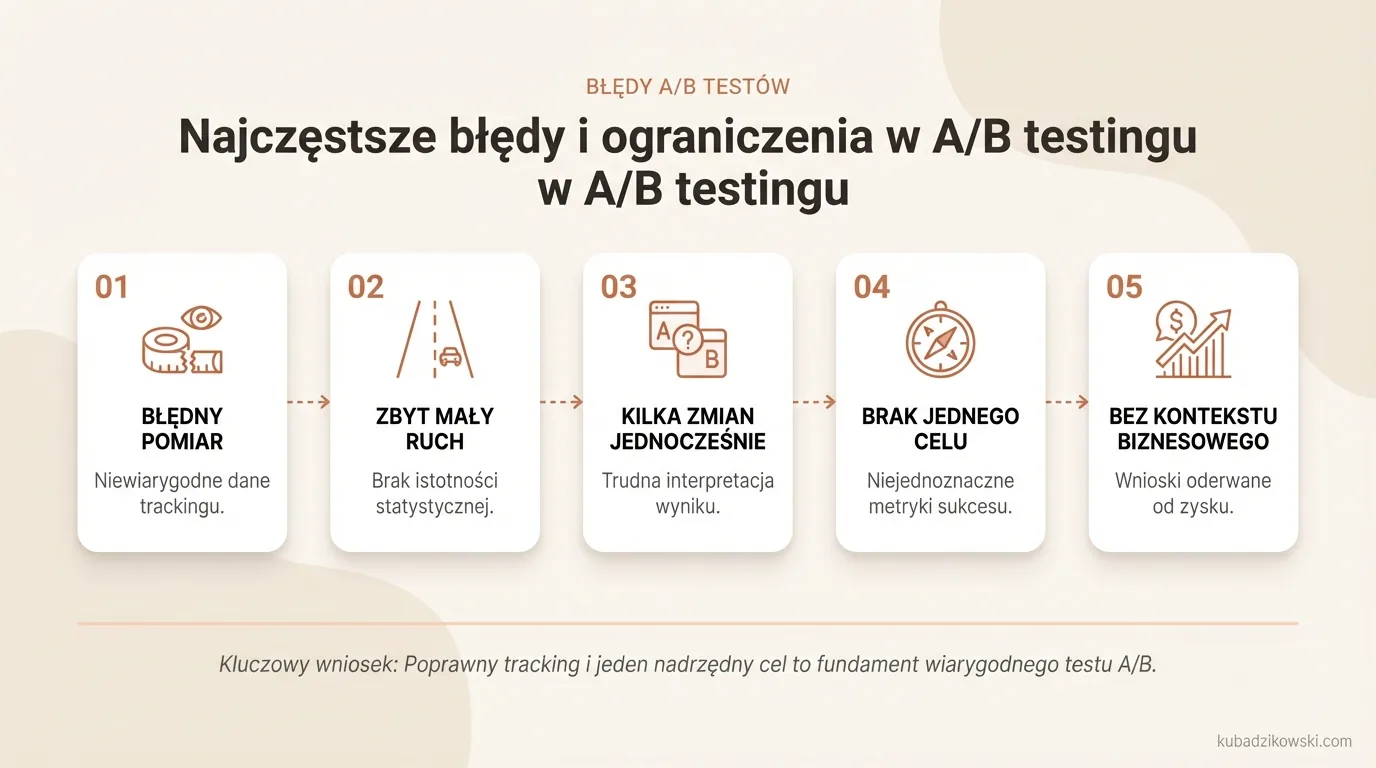 Infografika prezentująca 4 kluczowe błędy w A/B testingu: błędny pomiar, za mały ruch, wiele testów, brak kontekstu.