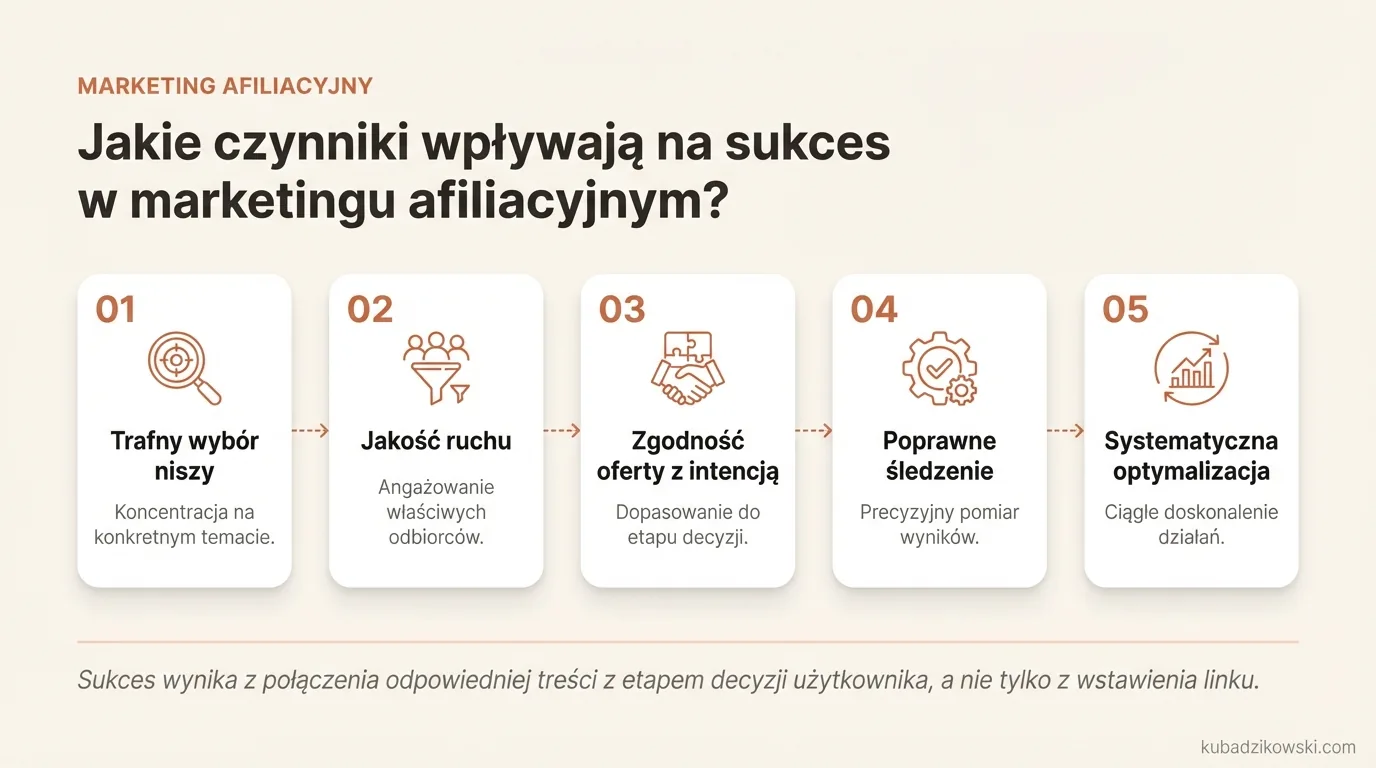 Infografika: 5 kluczowych czynników sukcesu w marketingu afiliacyjnym: nisza, ruch, dopasowanie, śledzenie, optymalizacja.