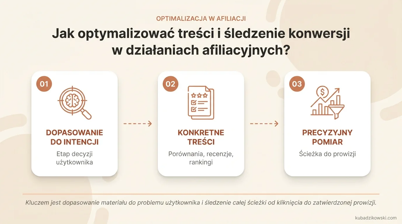 Infografika o optymalizacji afiliacji: dopasowanie treści do intencji użytkownika i precyzyjne śledzenie konwersji.