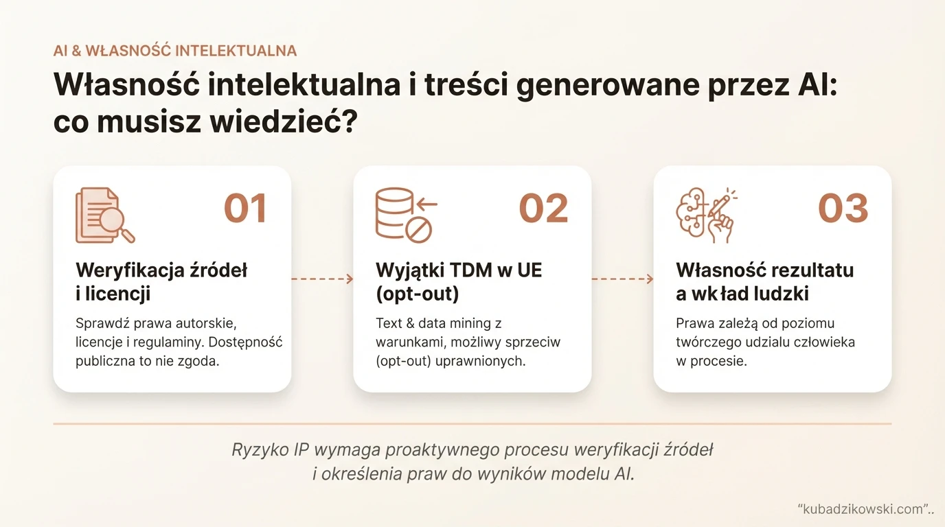Infografika: Własność intelektualna w AI - Prawa autorskie, licencje i zasady korzystania ze źródeł w modelach AI.