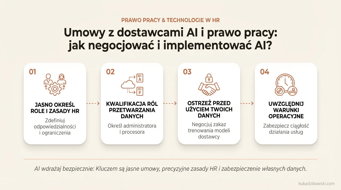Infografika: Bezpieczne wdrażanie AI w firmie – kluczowe aspekty w umowach z dostawcami i HR.