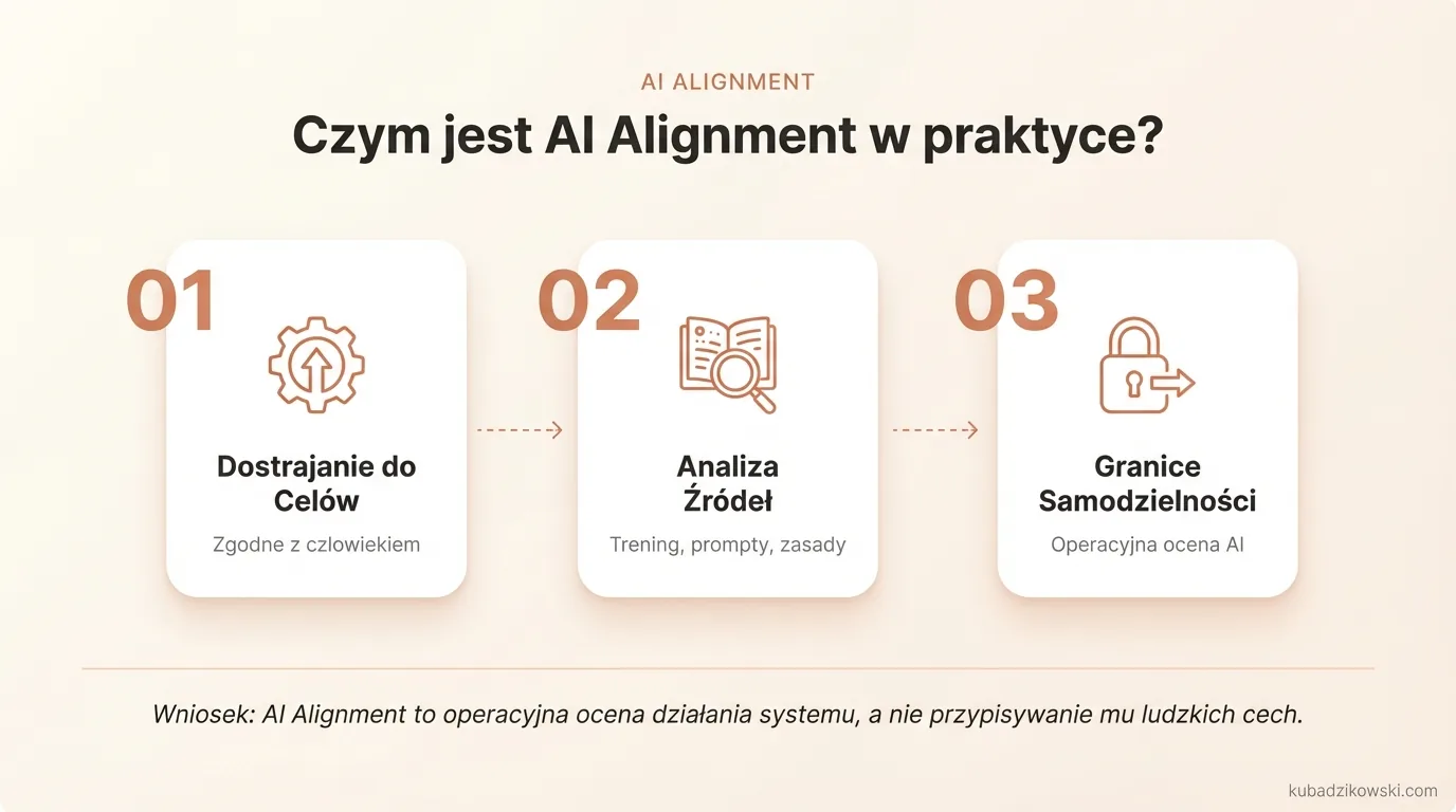Infografika: AI Alignment to dostrajanie zachowania systemu AI do celów, ograniczeń i interesów człowieka.