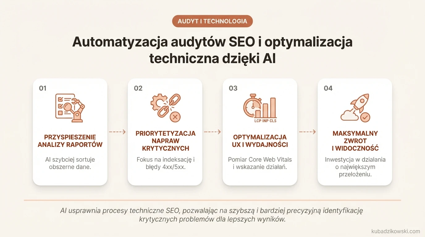 Infografika: AI wspiera SEO techniczną oraz analizę raportów z crawlingu dużych stron, priorytetyzując problemy.