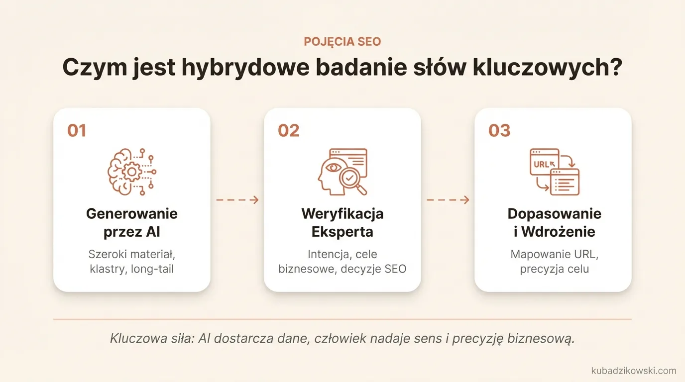 Wizualizacja hybrydowego badania słów kluczowych: AI generuje frazy i klastry, człowiek weryfikuje i podejmuje decyzje SEO.