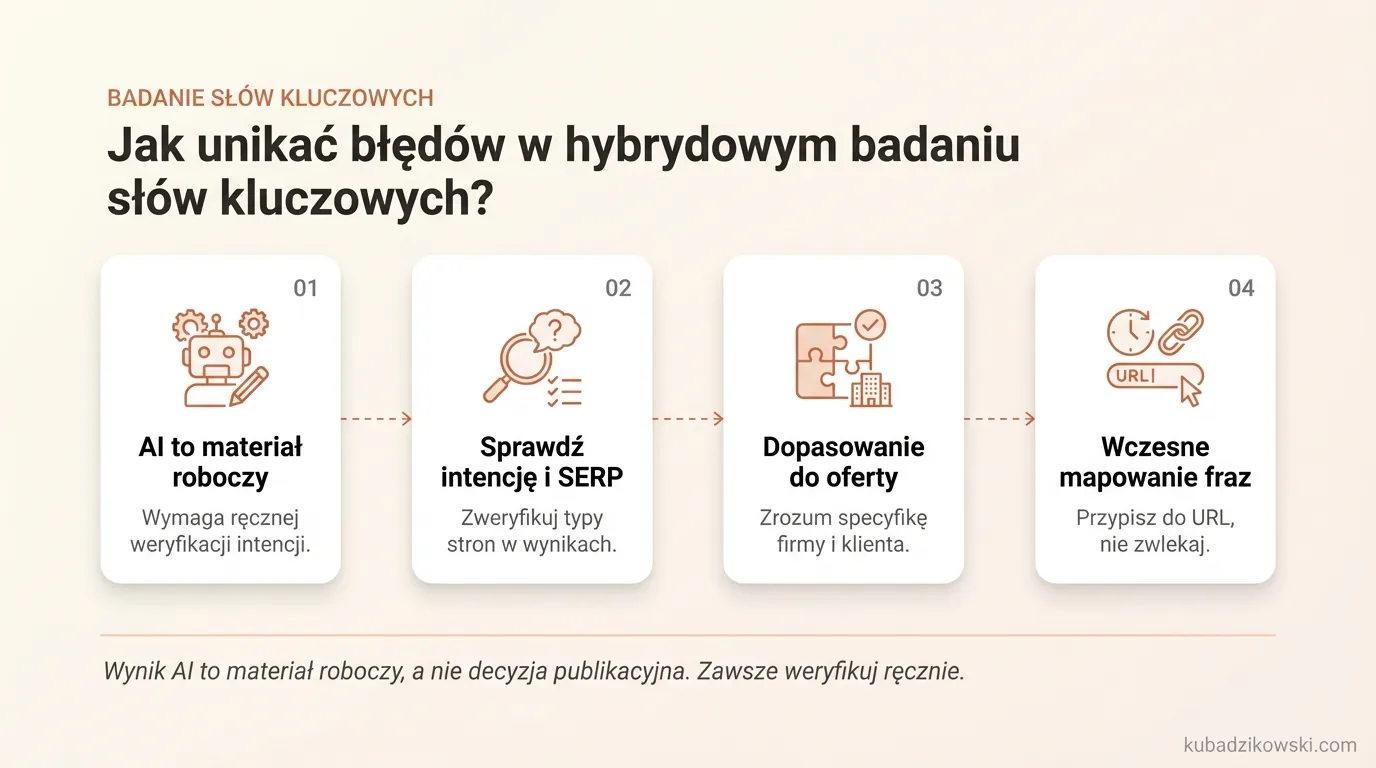 Infografika: unikanie błędów w hybrydowym badaniu słów kluczowych. Ręczna weryfikacja AI traktowanej jako materiał roboczy.