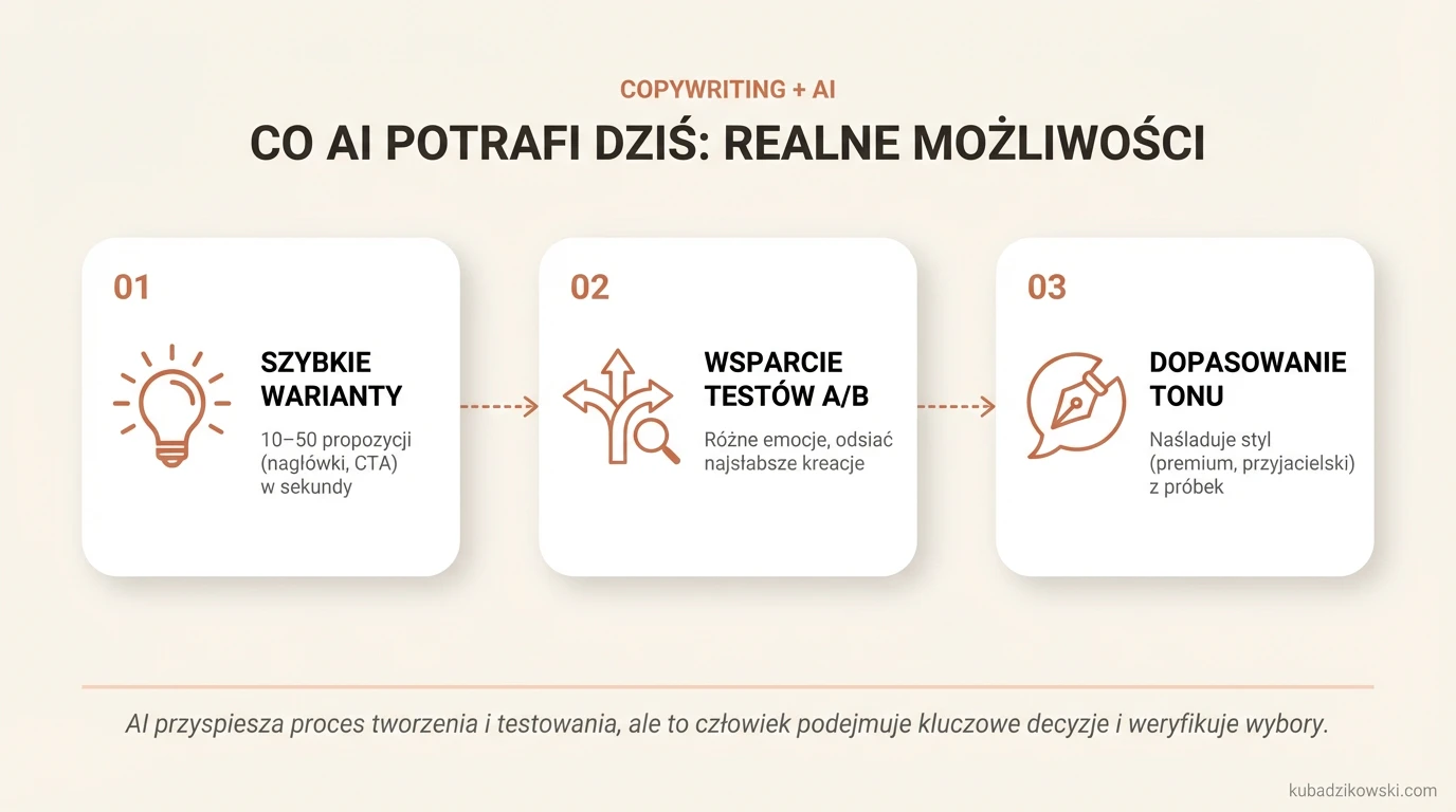 Zastosowanie AI w copywritingu: szybkie generowanie wariantów tekstu, wsparcie kampanii performance i testów A/B.