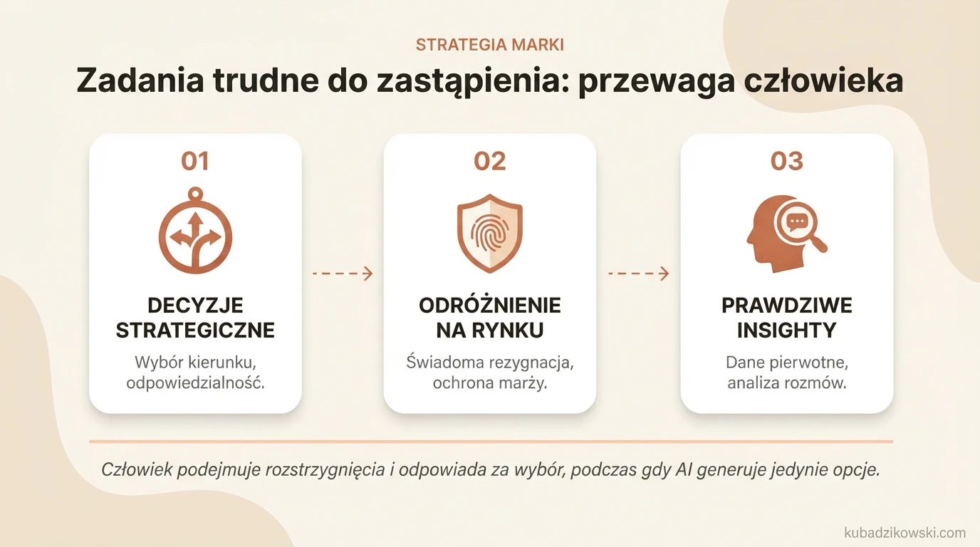 Infografika: Ludzkie supermoce w copywritingu – strategia, odpowiedzialność i pozycjonowanie marki ponad AI.