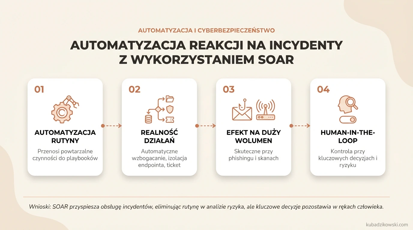Infografika o SOAR w reakcji na incydenty. Automatyzuje procesy, wzbogaca IOC i izoluje, by przyspieszyć obsługę.