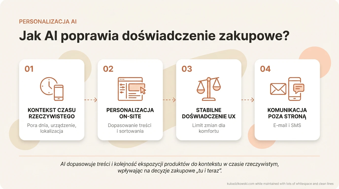 Infografika: AI personalizuje zakupy online, dopasowując produkty, sortowanie i banery do zachowań użytkownika w czasie rzeczywistym.
