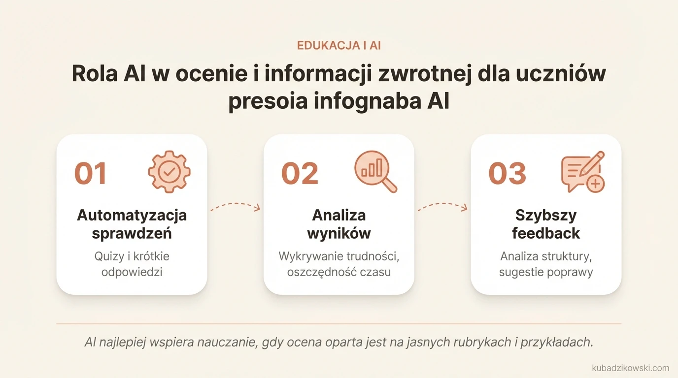 AI w edukacji: Automatyczne ocenianie i szybka informacja zwrotna dla uczniów w quizach i krótkich odpowiedziach.