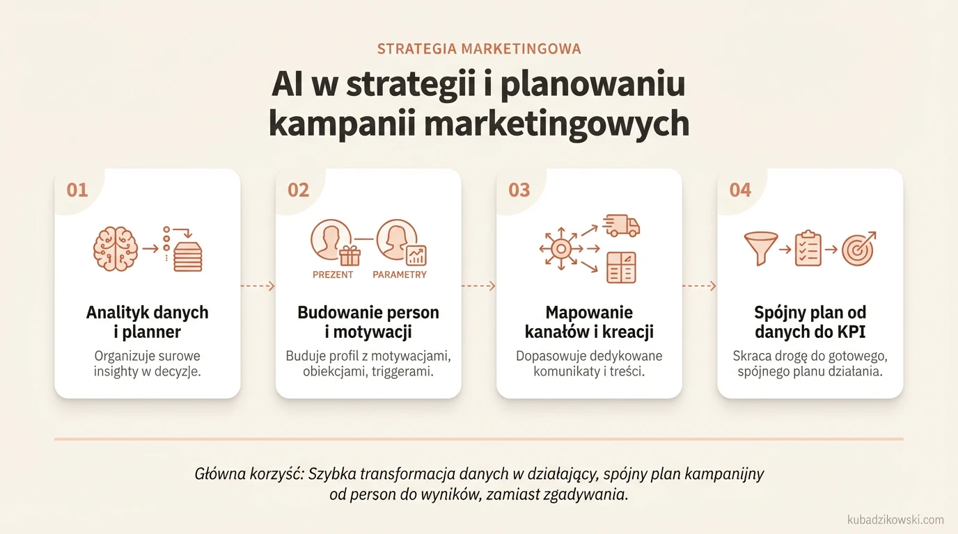 Infografika: AI jako analityk i planer w marketingu. Przetwarza dane, tworząc persony z motywacjami zakupowymi.
