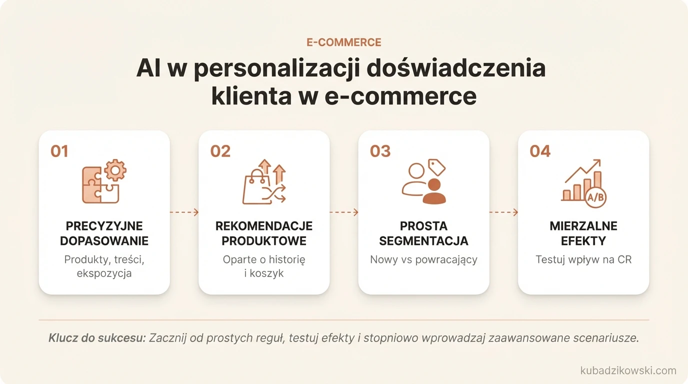 Infografika ukazująca zastosowanie AI w e-commerce do personalizacji ofert, rekomendacji i segmentacji klientów.