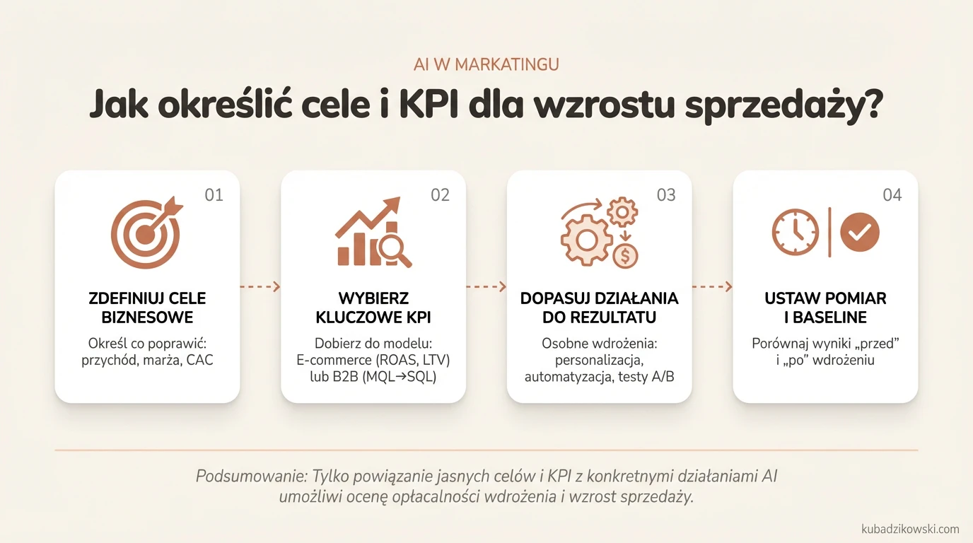 Schemat wyznaczania celów i KPI dla AI w marketingu. Najpierw cele biznesowe (przychód, marża), potem działania AI (personalizacja).