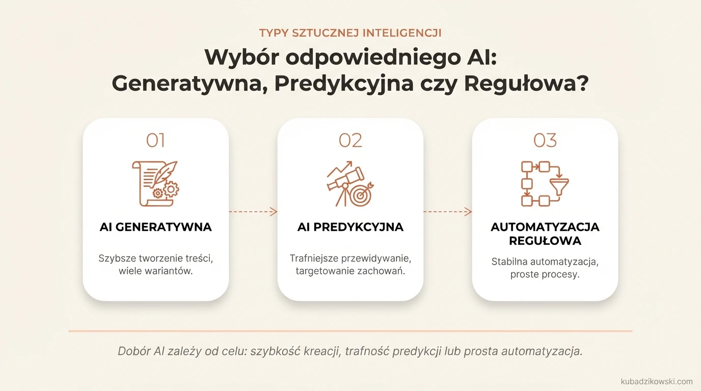 Infografika: Jak wybrać typ AI (generatywna, predykcyjna, regułowa) do tworzenia treści, przewidywania czy automatyzacji.