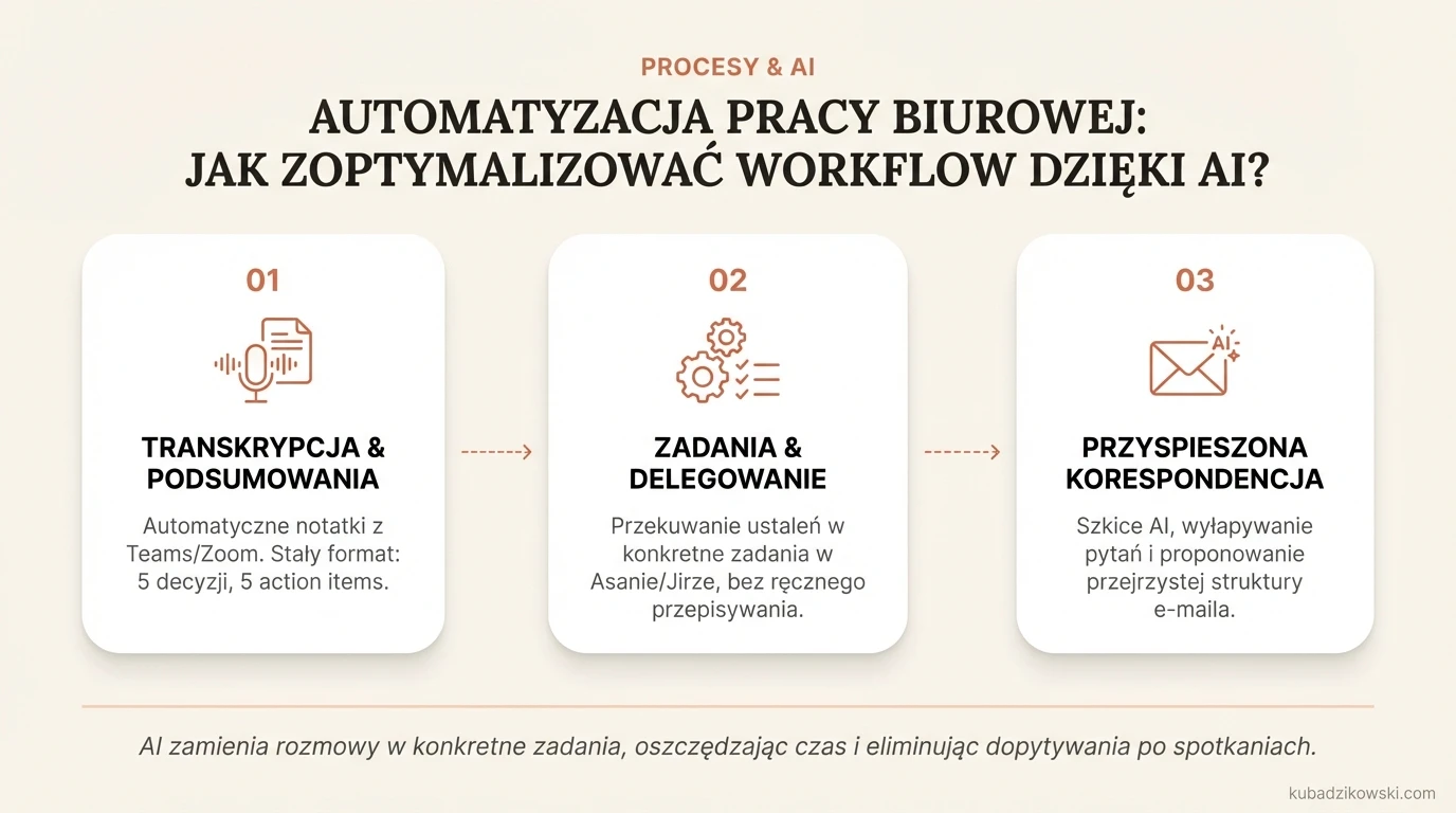 Infografika: AI optymalizuje workflow biurowy. Automatyzacja spotkań (transkrypcje), maili, dokumentów, tworzenia zadań.