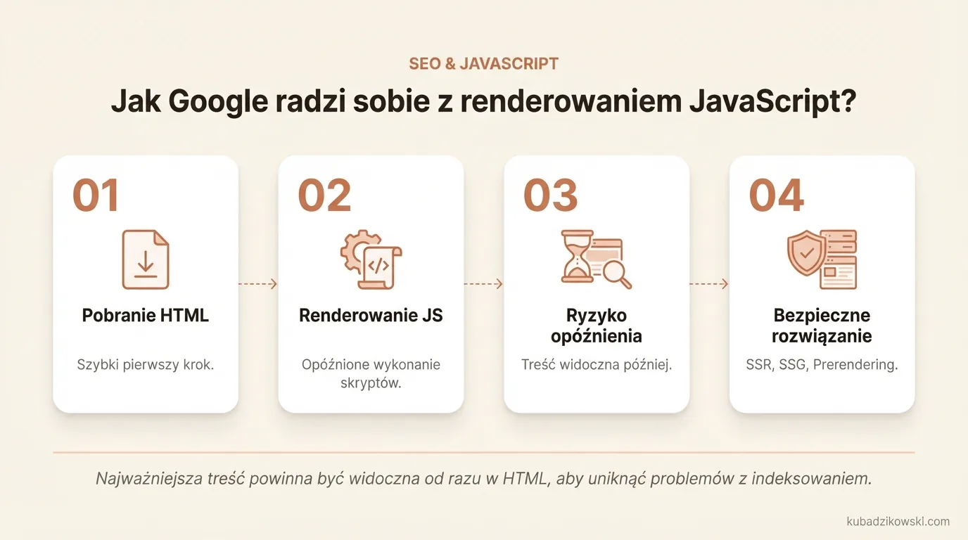 Infografika: Google renderuje JavaScript. Proces krok po kroku: od pobrania HTML do wykonania skryptów i indeksowania.